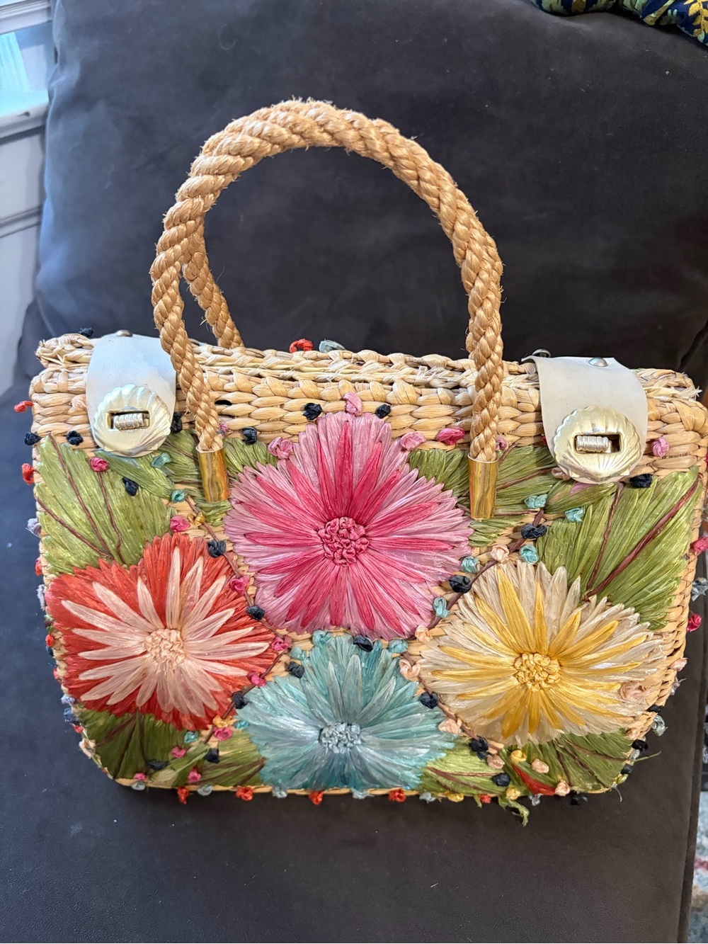 Vintage Raffia, Straw Floral Embroidered Handbag “Patricia of the Philippines”